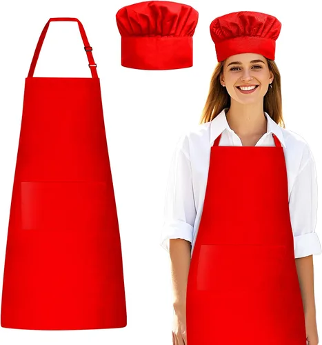 Miniatura 7 de Juego de delantal y sombrero de chef, sombrero de chef y delantal de cocina con bolsillos delanteros para adultos