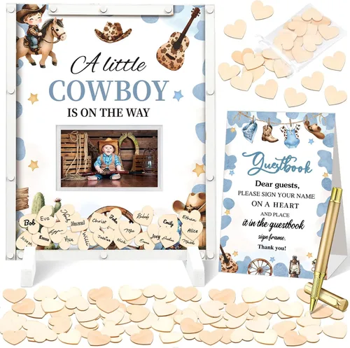Miniatura 18 de Beeveer 65 piezas de libro de invitados para baby shower, libro de invitados azul para baby shower, libro de invitados con marco de fotos y 60 chips