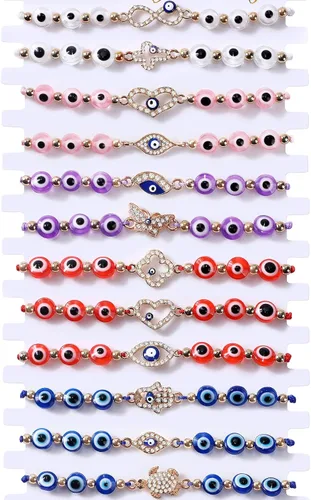 Tacobear 12Pcs Evil Eye Bracelets Women Teen Girl Jewelry Gift Bulk Adjustable String Crystal Alloy Butterfly Heart Tortoise Handmade Braided