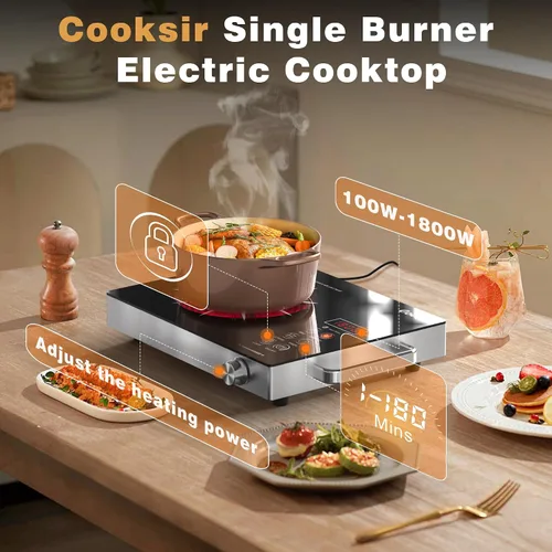 Miniatura 3 de Cocina eléctrica de quemador único - Placa caliente portátil de un quemador de 1800 W, 110 V, estufa eléctrica de encimera para el hogar, camping
