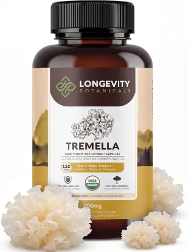 Longevity Botanicals Cápsulas orgánicas de hongos Tremella Extracto de suplemento de 120 unidades | Cuerpo fructífero de hongos de nieve | ≥10% de