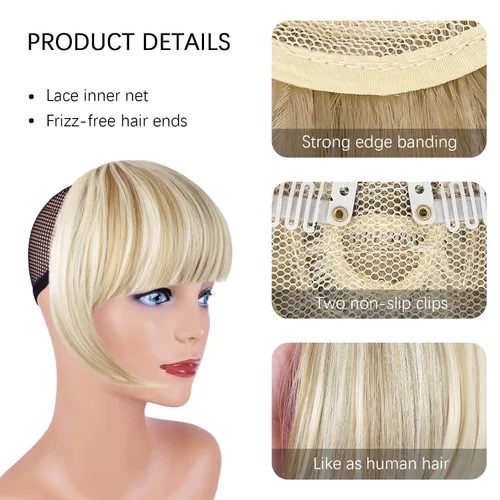Miniatura 4 de Extensión de cabello rubio ceniza, clip de flequillo francés, grueso y natural, flequillo ordenado, flequillo recto con fleco con sienes, una pieza