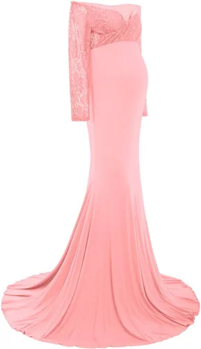 Miniatura 3 de Vestido de maternidad de manga larga con hombros descubiertos para mujer, para fotografía, baby shower con cinturón de flores para sesión de fotos