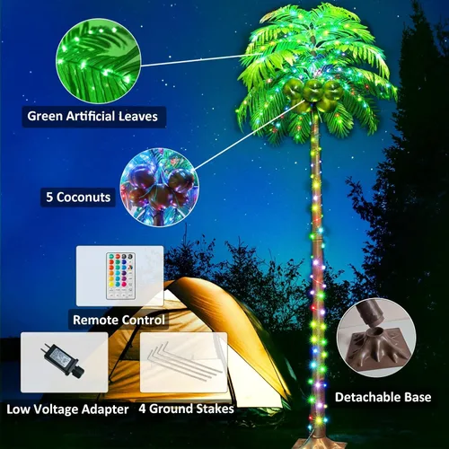 Miniatura 3 de Ledido Palmera Iluminada de 7 Pies que Cambia de Color con 5 Cocos, 218LED Árboles de Palmera Artificiales Iluminados para Exteriores con Control