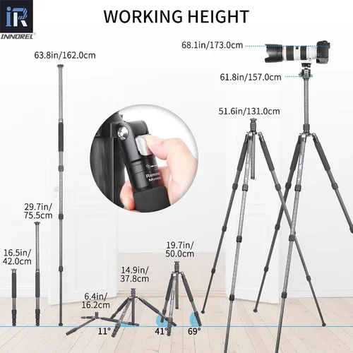 Miniatura 6 de Trípode INNOREL RT45C portátil de fibra de carbono de 10 capas sin cabeza esférica, trípode compacto y ligero para cámara DSLR, videocámara de video
