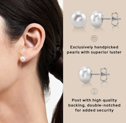 Miniatura 3 de Aretes con broche de plata de ley, con perlas botón blancas cultivadas en agua dulce.