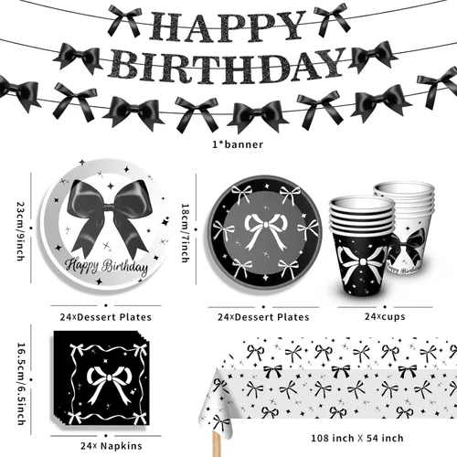 Miniatura 2 de Suministros de fiesta de cumpleaños de lazo negro para niña, decoraciones de fiesta de cumpleaños coquette incluyen platos de lazo negro