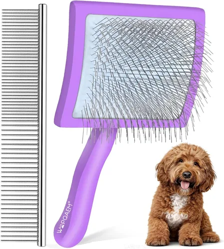 Cepillo deslizante para perros, cepillo grande para perros de pelo largo para garabatos dorados y golden retriever con herramienta de Púrpura