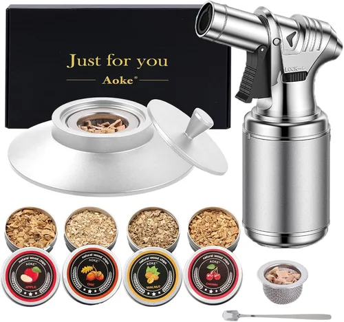 Miniatura 11 de AOKE - Kit de ahumador de whisky metálico dorado con chips de madera de 4 sabores para whisky y bourbon, kit de ahumador antiguo para mejorar