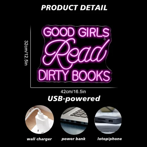 Miniatura 5 de Letrero LED de neón para decoración de pared, con texto en inglés "Good Girls Read Dirty Books", luz de neón regulable para el hogar, libro, fiesta