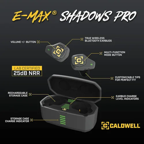 Miniatura 2 de Caldwell E-MAX Shadows Pro - Protección auditiva electrónica con amplificación de sonido ambiental, Bluetooth, funda recargable, para disparar