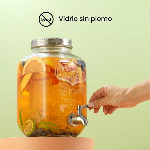 Miniatura 5 de Dispensador de bebidas de 1 galón. Dispensador de bebidas de vidrio con espita de acero inoxidable más cilindro de hielo e infusor de frutas.
