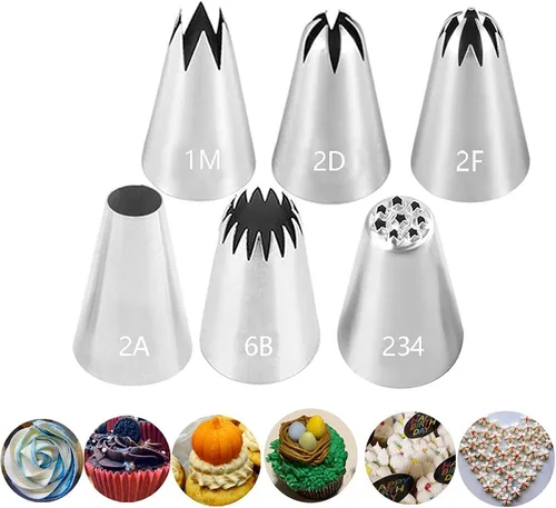 Juego de puntas de glaseado grandes para decoración de pasteles, 6 puntas de decoración de acero inoxidable, boquillas de glaseado de flores, #1M 2A