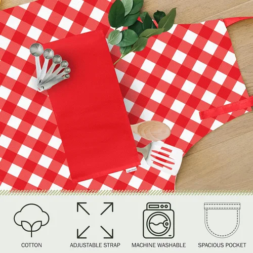 Miniatura 3 de Adjustable Designer Kitchen Apron for Adults Cotton Cooking Apron with Pockets and Adjustable Neck Buckle Rojo (Red Gingham)