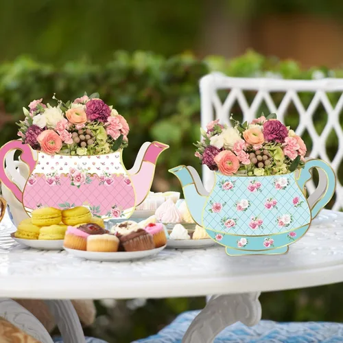 Miniatura 2 de 8 piezas de decoración de fiesta de té, cajas de centro de mesa de tetera floral para fiesta de cumpleaños de princesa, decoración de mesa temática