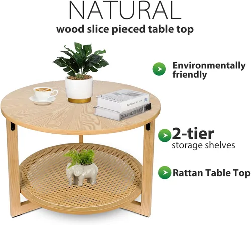 Miniatura 5 de ZYBT Mesas de centro de ratán para sala de estar, mesa de centro pequeña para espacios pequeños, mesa de centro redonda con almacenamiento, mesa