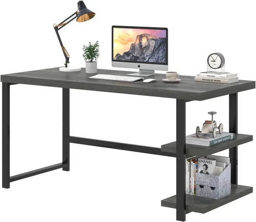 Miniatura 8 de EXCEFUR Escritorio industrial para computadora, escritorio de oficina en casa con estantes de almacenamiento, mesa de estudio de madera para Gris