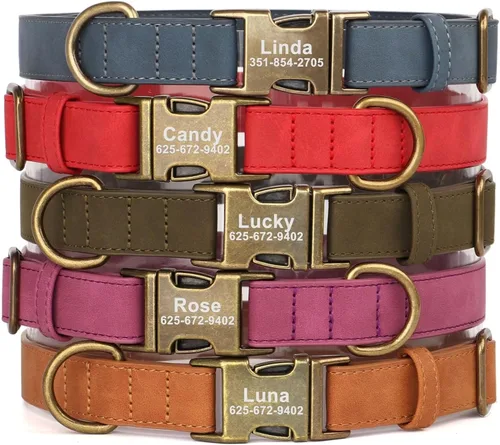 Miniatura 9 de Collares de perro personalizados para perros grandes, collar de perro de cuero PU suave personalizado con nombre y número de ID grabados, collares
