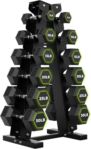 Miniatura 19 de HANDBODE Rubber Coated Hex Dumbbell Set with A-Frame Rack, 100 lb - 550 lb Multiple Options Weight, Hexagon Non-Rolling Shape, Ergonomic Knurled