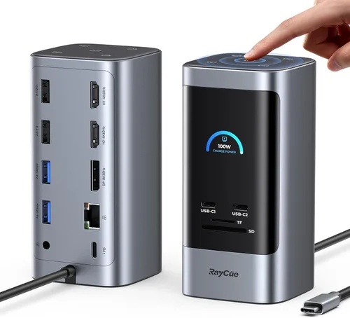 RayCue Estación de acoplamiento USB C, pantalla triple 15 en 1 con 5 botones de acceso directo, pantalla inteligente, DP y HDMI, 10G USB A/C,
