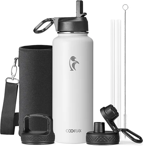 Miniatura 69 de Coolflask Botella de agua de 20 onzas aislada con pajilla, 3 tapas de metal de acero inoxidable, botella de agua de boca ancha para deportes u
