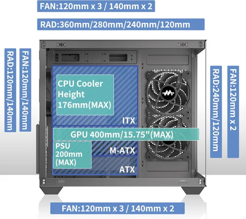 Miniatura 6 de MUSETEX Caja de PC ATX, 3 x 120mm Ventiladores Preinstalados, Soporte para Radiador de 360MM, Caja de PC para Juegos de Vidrio Templado de Vista