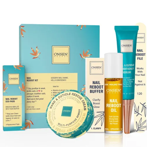 Onsen Secret Advance Rescue Kit de uñas – Aceite fortalecedor de uñas y suero con crema de rescate de manos y cutículas – Tsubaki, manteca de
