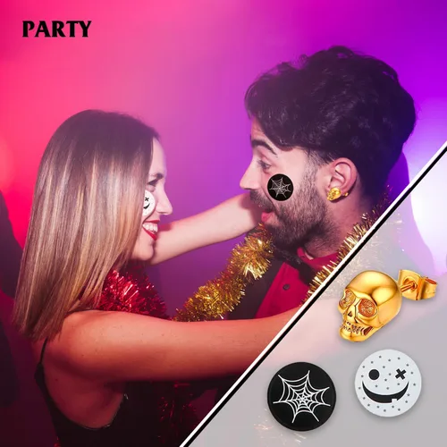 Miniatura 4 de 3 pares de aretes de calavera de Halloween, aretes de hip-hop, aretes retro para hombres y mujeres, aretes de calavera gótica, aretes Cool Rock punk