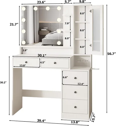 Miniatura 6 de Fameill Escritorio de maquillaje blanco con espejo y luces, mesa de tocador con tira de alimentación y espejo iluminado, mesa de maquillaje grande