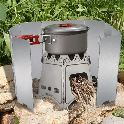 Miniatura 8 de Parabrisas de estufa de 10 platos, parabrisas de estufa de aluminio con bolsa de cordón, para camping, estufas de butano para acampar, estufas