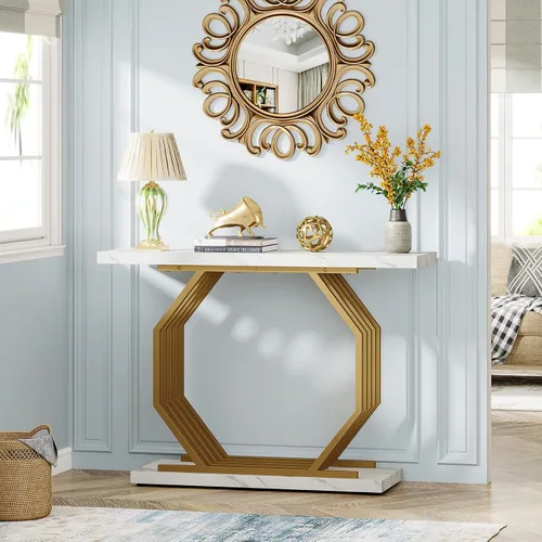 Miniatura 4 de LITTLE TREE Mesa consola dorada de 40 pulgadas, mesa de entrada de mármol sintético, mesa de sofá estrecha, mesa decorativa moderna para sala