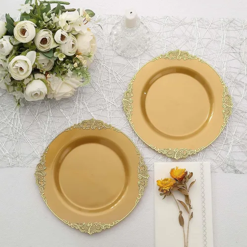 Miniatura 5 de Tableclothsfactory Paquete de 10 platos redondos de plástico barroco dorado de 8 pulgadas para ensalada de postre, vajilla desechable con borde