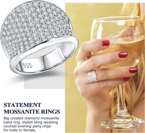 Miniatura 2 de DAYBYDAY Anillos de moissanita para hombres y mujeres, plata de ley 925, 2-3.5 quilates, color D, VVS1, anillo de cóctel de moissanita con diamantes