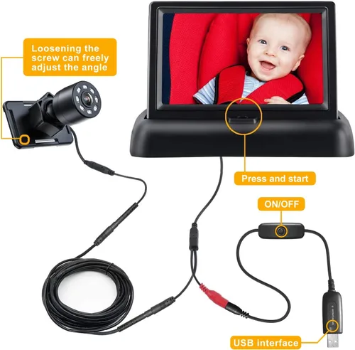 Miniatura 2 de Itomoro Espejo de coche para bebé, vista infantil en asiento trasero con amplia visión cristalina, USB fácil instalar monitor de coche de bebé 1080p