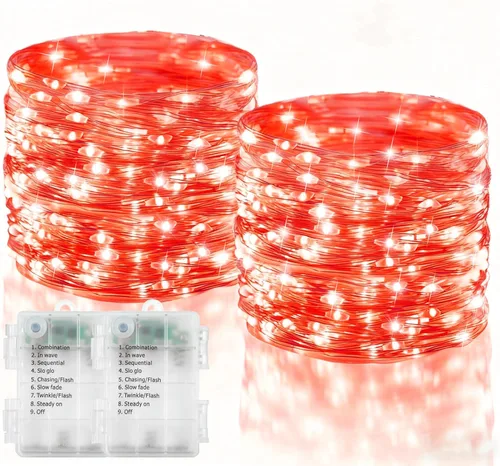 echosari Paquete de 2 Luces de Hadas Rojas a Pilas 200 LED 66 Pies Alambre Plateado Luces de Cadena Estrelladas Temporizador Automático 8 Modos Rojo