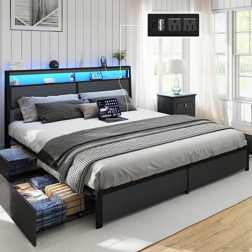 Miniatura 17 de SADENICEL Base de cama de tamaño matrimonial con almacenamiento, plataforma de cama de madera LED con cabecero, 4 cajones, estación de carga,