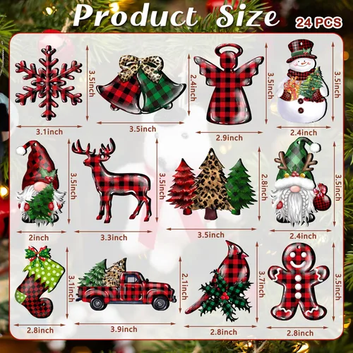 Miniatura 2 de JOPHMO 24 Piezas Adornos de Madera de Navidad Copo de Nieve Gnomo Muñeco de Nieve Camión Adornos Colgantes de Madera Recortes de Árbol de Navidad