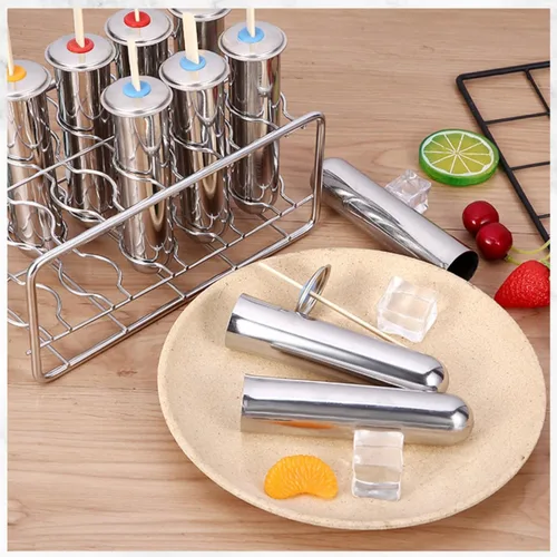 Miniatura 6 de 10 moldes de acero inoxidable para paletas y moldes para paletas de helado con 10 máquinas redondas de paletas de hielo + 100 palos de bambú Plata