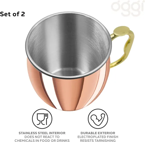 Miniatura 3 de Oggi Juego de 2 tazas de Moscow Mule de acero inoxidable chapadas en cobre de 20 onzas con mango EZ-Grip, carrito de cóctel y accesorios de bar