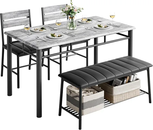 IRONCK Juego de mesa de comedor para 4, mesa de cocina con banco tapizado y 2 sillas, juego de mesa de cocina y sillas para espacio pequeño, Gris