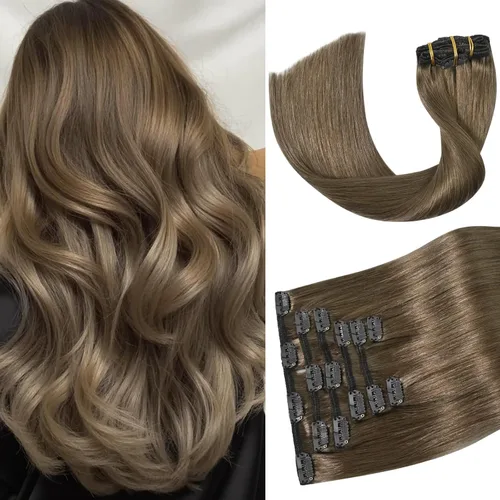 Miniatura 12 de Aison Extensiones de cabello humano real con clip, color marrón oscuro, 2.47 onzas, cabello humano Remy, 12 pulgadas, para mujeres, 7 unidades, 16