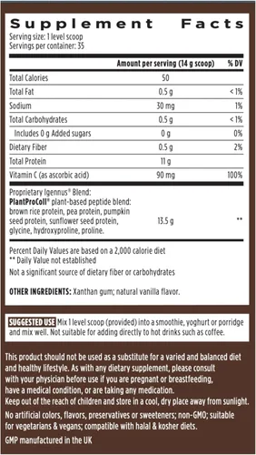 Miniatura 7 de Igennus Advanced Vegan Vanilla Collagen Peptide Powder, mejorado con glicina, prolina e hidroxiprolina y cofactor vitamina C, sin OMG, refuerzo