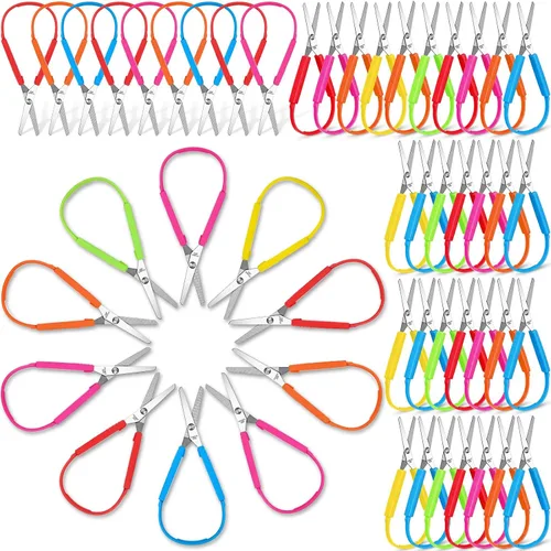 Miniatura 12 de Honoson Paquete de 10 tijeras de bucle para niños con agarre de 5.5 pulgadas, autoapertura, adaptativas, para necesidades especiales, mini tijeras