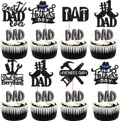 Miniatura 24 de Paquete de 24 adornos para cupcakes con purpurina para el Día del Padre, con purpurina para el mejor papá del mundo, sombrero de bigote #1