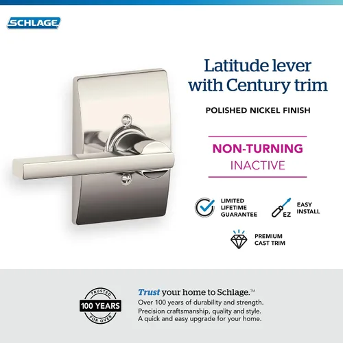 Miniatura 2 de SCHLAGE Lock Company Latitude F170 LAT 618 CEN - Manilla con bloqueo no giratorio y moldura Century, en acabado de níquel pulido