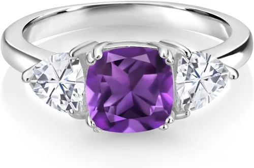 Miniatura 38 de 925 Sterling Silver Gemstone Birthstone and White Moissanite 3-Stone Engagement Ring for Women 7MM Cushion and 5MM Trillion Accents Three Stone