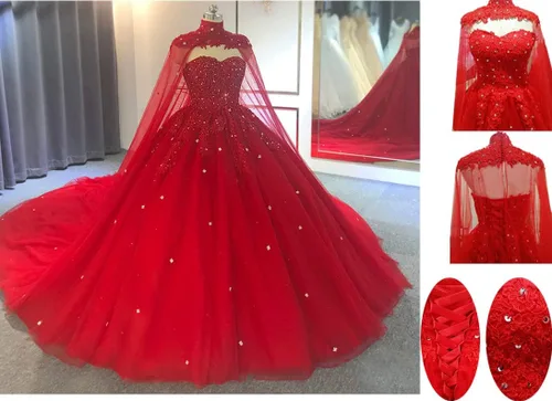 Miniatura 4 de Vestidos de Quinceañera de Tul Abullonado para Mujer con Capa de Encaje con Lentejuelas Vestidos de Graduación Escote Corazón Vestido de Baile