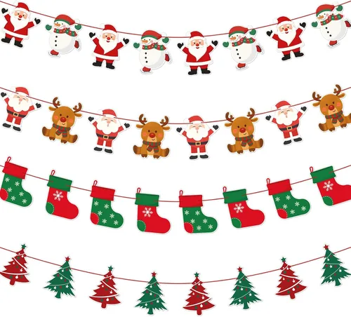 jijAcraft Paquete de 4 pancartas de Navidad, decoraciones de Navidad con diseños de Papá Noel, muñeco de nieve, reno y árbol, guirnalda colgante