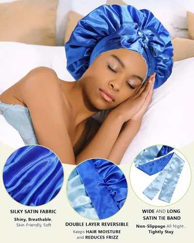 Miniatura 4 de AWAYTR Gorro de satén de seda para dormir para mujeres con cabello rizado, gorro de dormir reversible de doble capa con banda de amarre (azul) 7