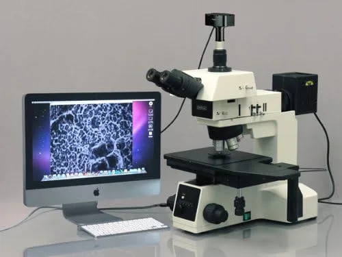 AmScope ME600TZC-5MA Microscopio metalúrgico trinocular episcópico digital, aumento 50X-2500X, oculares de campo ancho extremo PL10x y PL25x,